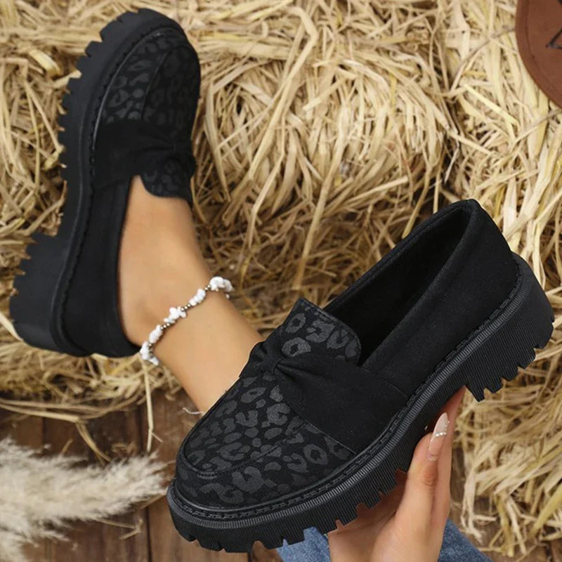 Leopard Faux Suede Loafers Shoes for Women Plus Size Platform Shoes Woman Bowknot Decoration Slip On Casual Shoes Mujer