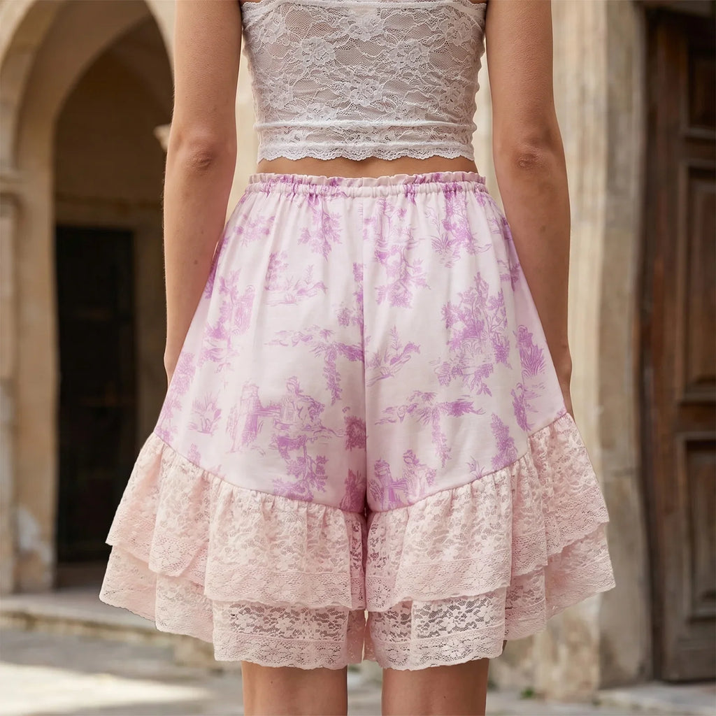 Women's Summer Bloomer Shorts Knee Length Floral Print Drawstring Elastic Waist Lace Trim Patchwork Casual Coquette Shorts