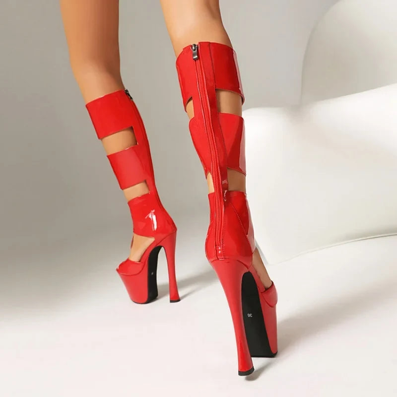 Summer Women Platform Tall Gladiator Sandals Knee High Cut Out Thin Heeled Rome Sexy Nightcllub Pole Dance Shoes 43