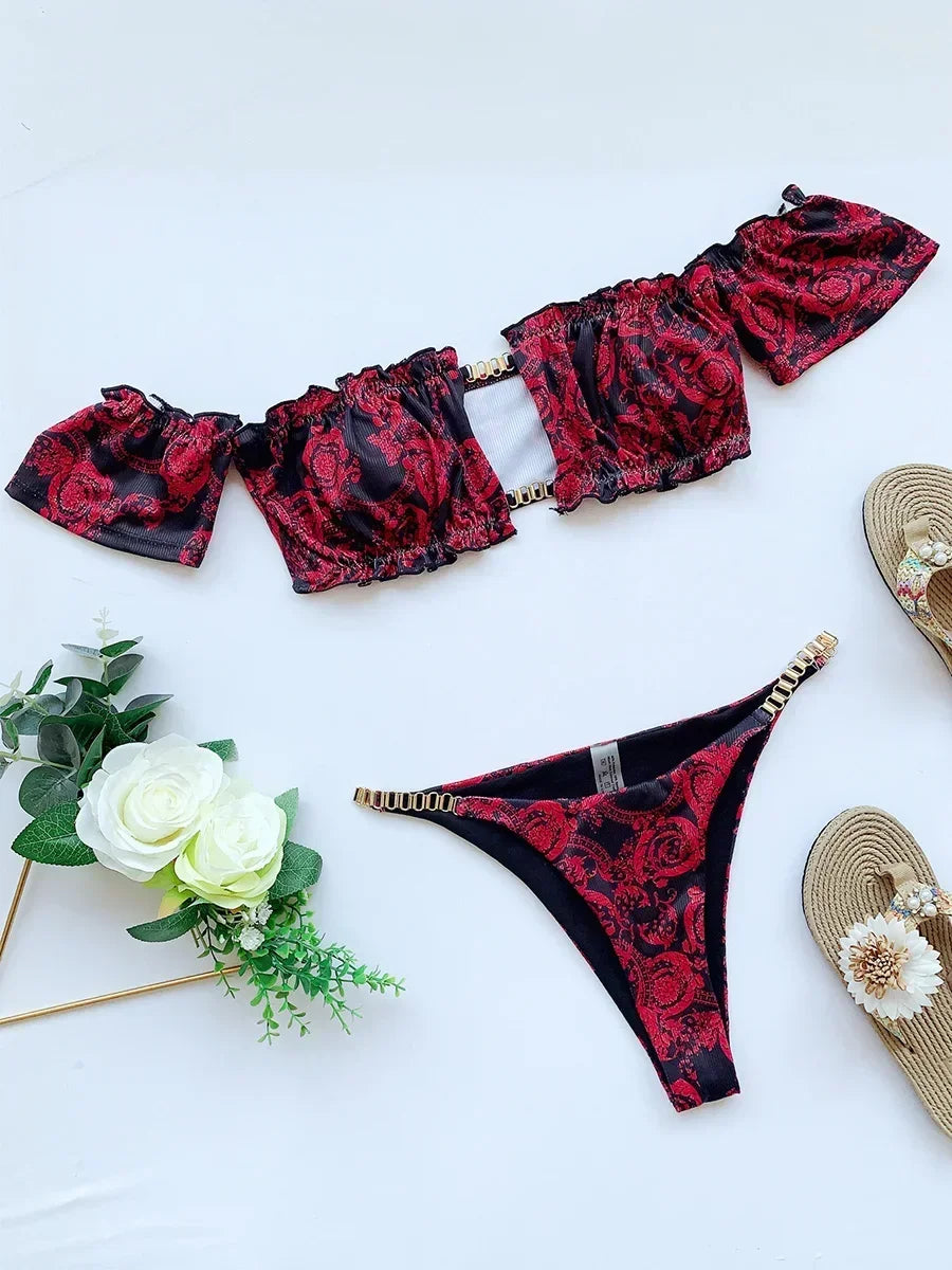 Sexy Ruffled Frill Off Shoulder Bikini Women Swimwear Female Swimsuit Two-pieces Bikini Set Ribbed Bathing Suit Swim Beach Wear