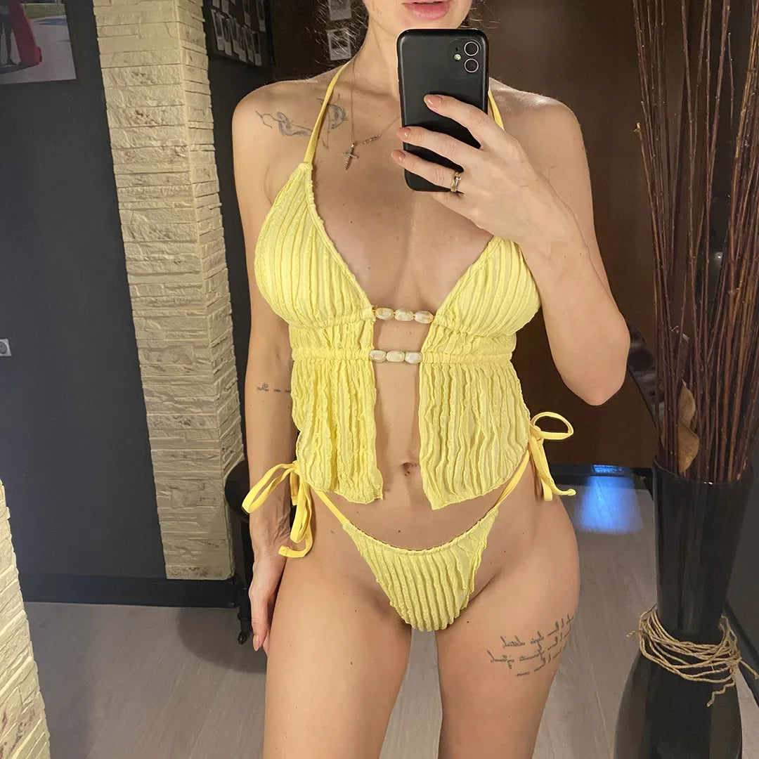 Wrinkled Tankini Halter Bikini Women Swimwear Female Swimsuit Two-Pieces Bikini Set High Cut Leg Bather Bathing Suit Swim V7154