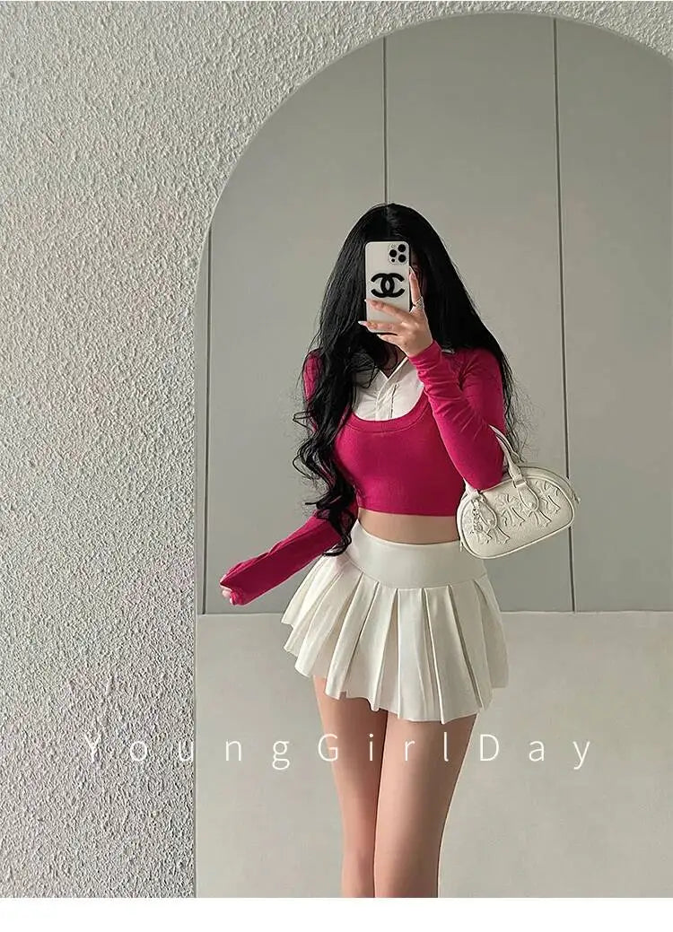 WOMENGAGA Fahsion Women Skorts Spicy Girl Sexy High Waist SlimA-LINE Pleated Skirt Half Body Short Skirt Sweet Korean Style 8NDZ