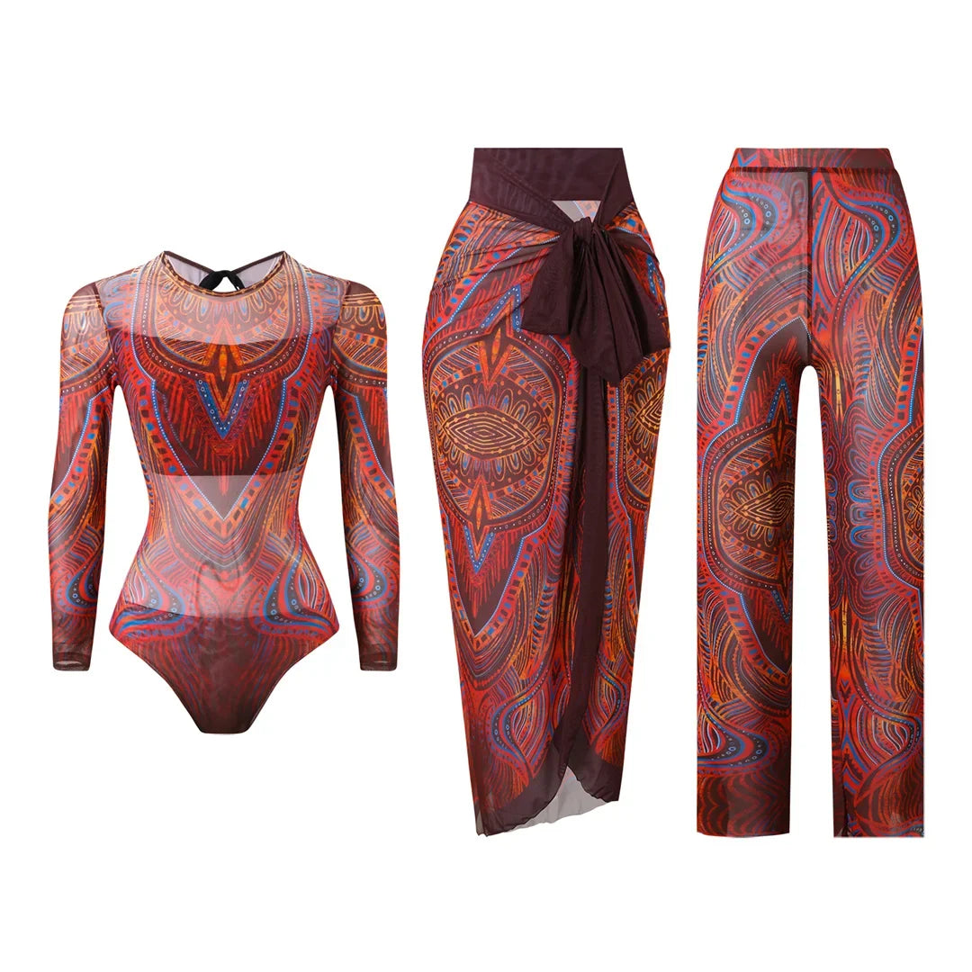 S - XXL 3PCS New Printed Long Sleeve With Pants Sarong Women Swimwear One Piece Swimsuit Female Bather Bathing Suit Swim V7180