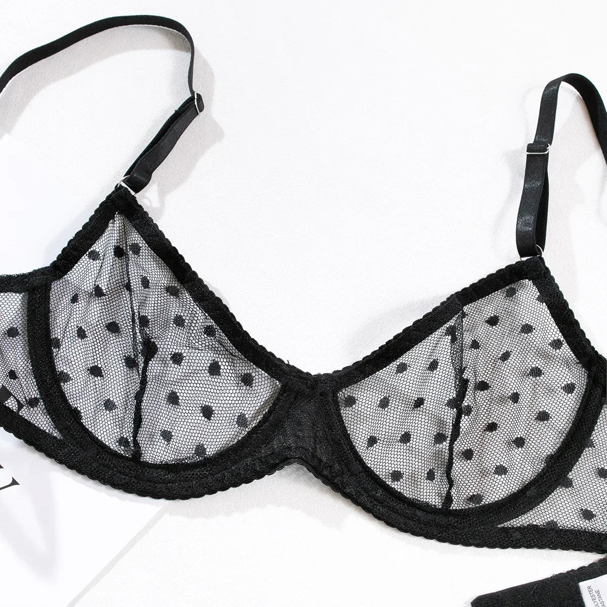 Ultra Thin Transparent Bra and Thong Set Women Sexy Underwear Polka Dot See Through Mesh Sheer Push Up Bras Lingerie Set