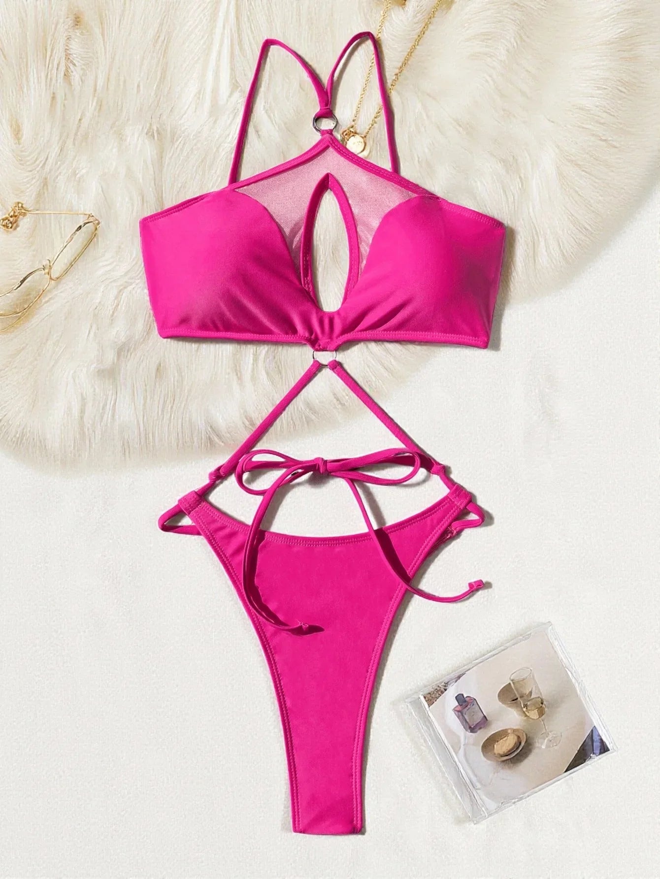 sexy rose red swimsuits one piece mesh hollow out ring bandage bikinis swimwear bodysuits women biquini bathing suits tankini