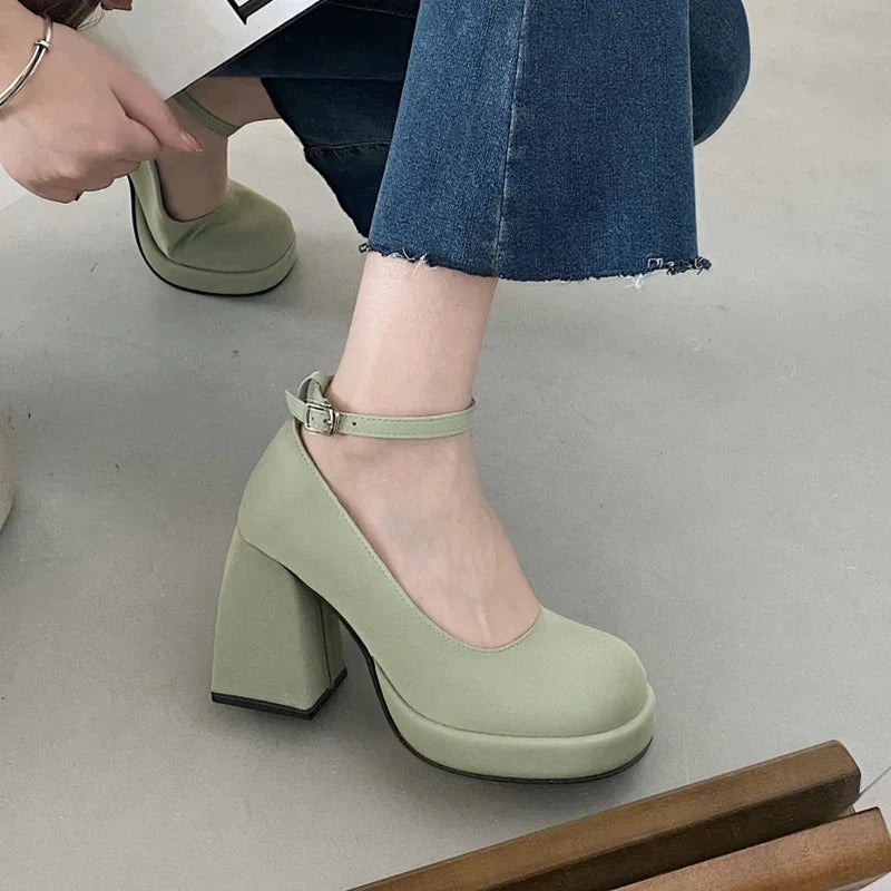 10cm Super High Heels Mary Jane Shoes Women Fashion Patent Leather Platform Pumps Woman Pearls Chain Ankle Strap Party Shoes