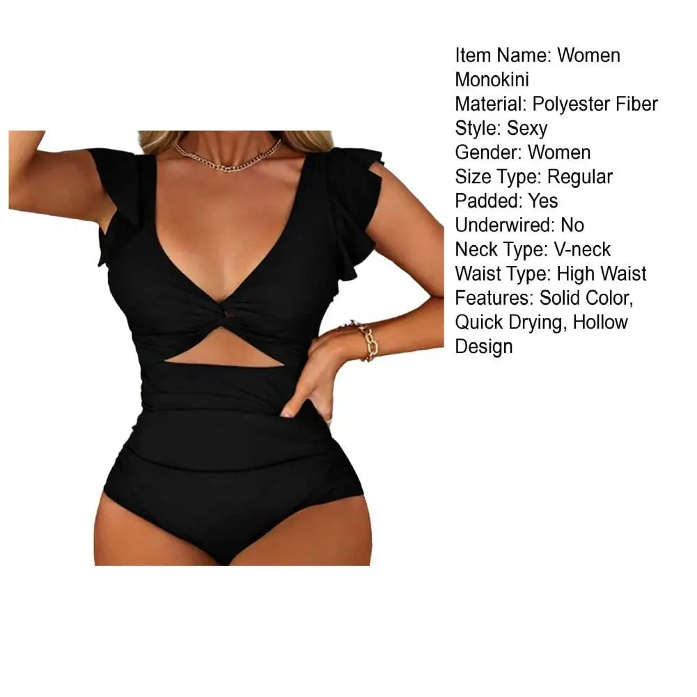 Women Monokini V-Neck Ruffle Sleeve One-Piece Swimsuit Solid Color High Waist Tummy Control Bathing Suit