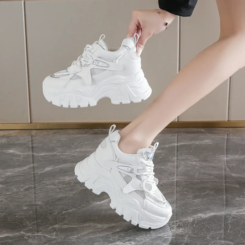 Breathable Chunky White Sneakers for Women Fashion Laser Thick Bottom Vulcanize Shoes Woman 2025 Lace Up Platform Running Shoes