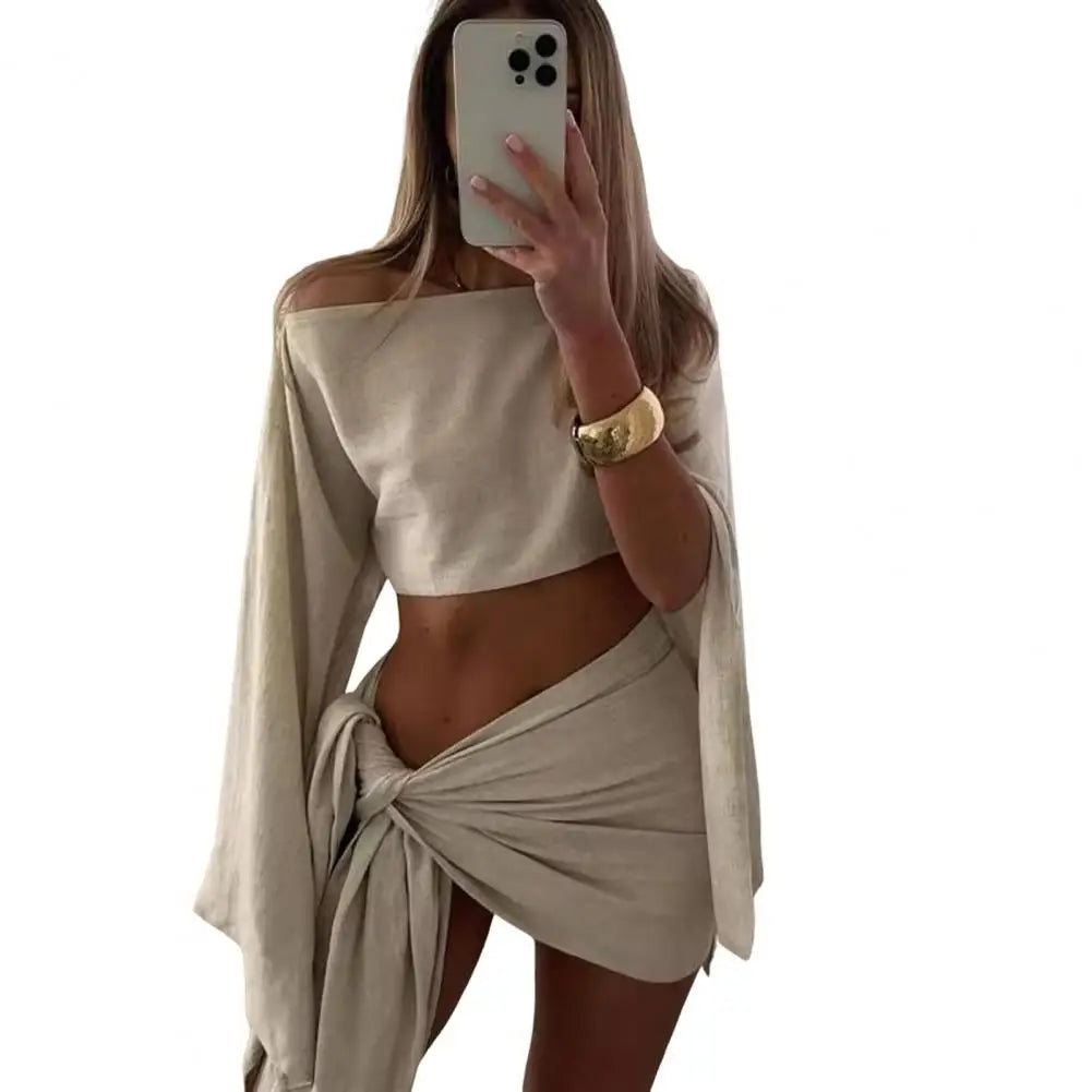 2Pcs/Set Summer Women Cover-Ups Sloping Shoulder Long Sleeve Tops High Waist Lace-up Mini Skirt Set UV Protection Beach Outfit