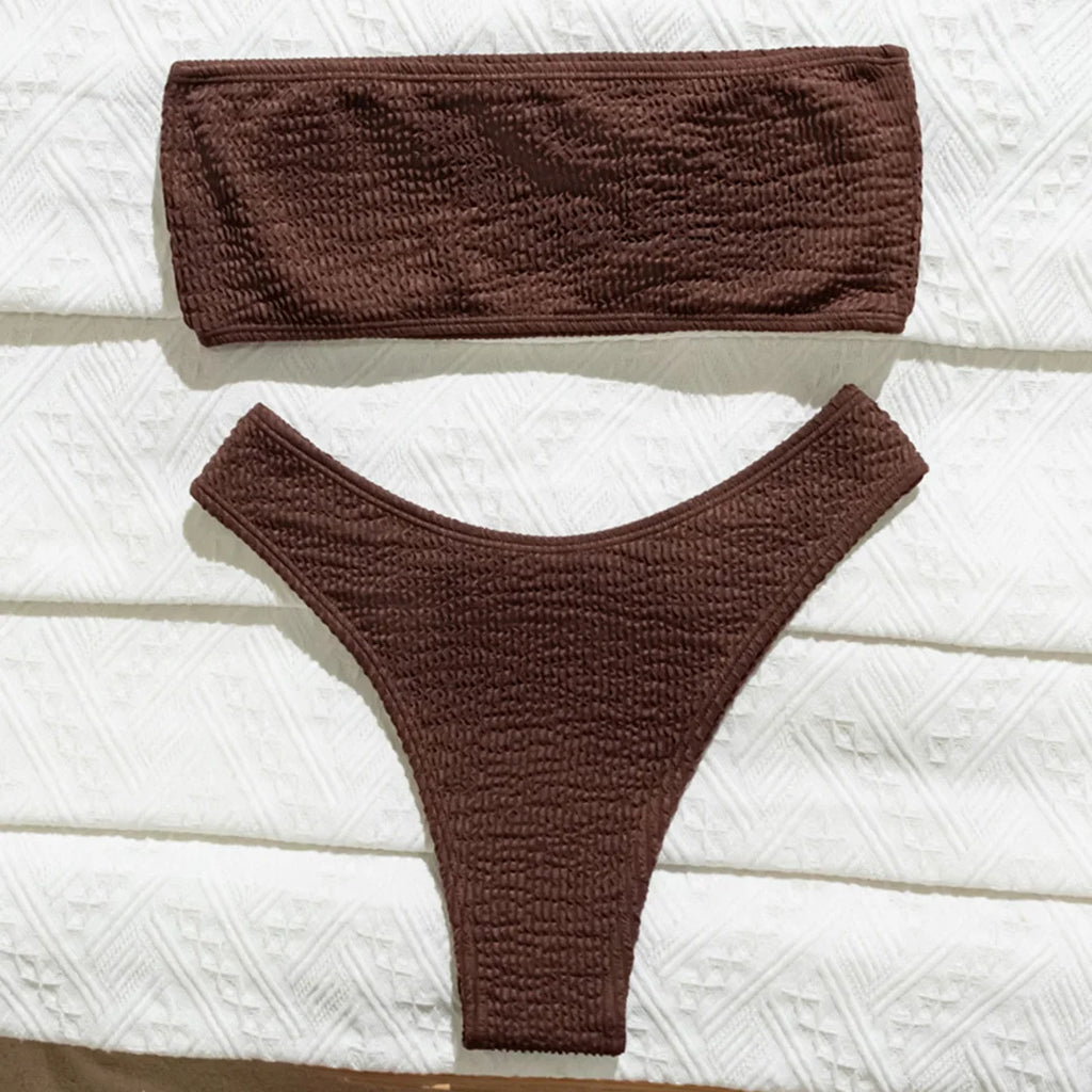Bandeau Wrinkled Crinkled Bikini Female Swimsuit Women Swimwear Two-pieces Bikini set High Cut Bather Bathing Suit Swim V3314