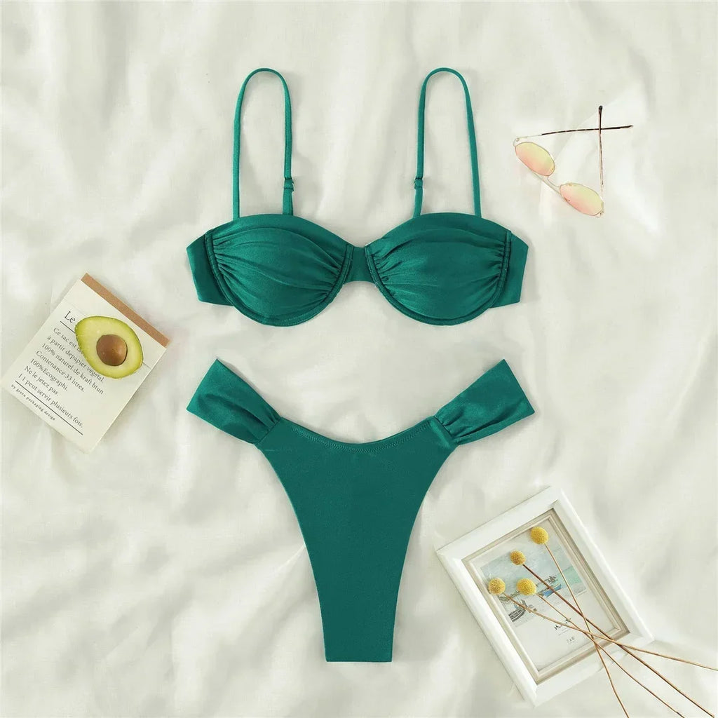 Sexy Wrinkled Underwired Brazilian Bikini Female Swimsuit Women Swimwear Two-pieces Bikini Set Triangle Bathing Suit Swim Lady