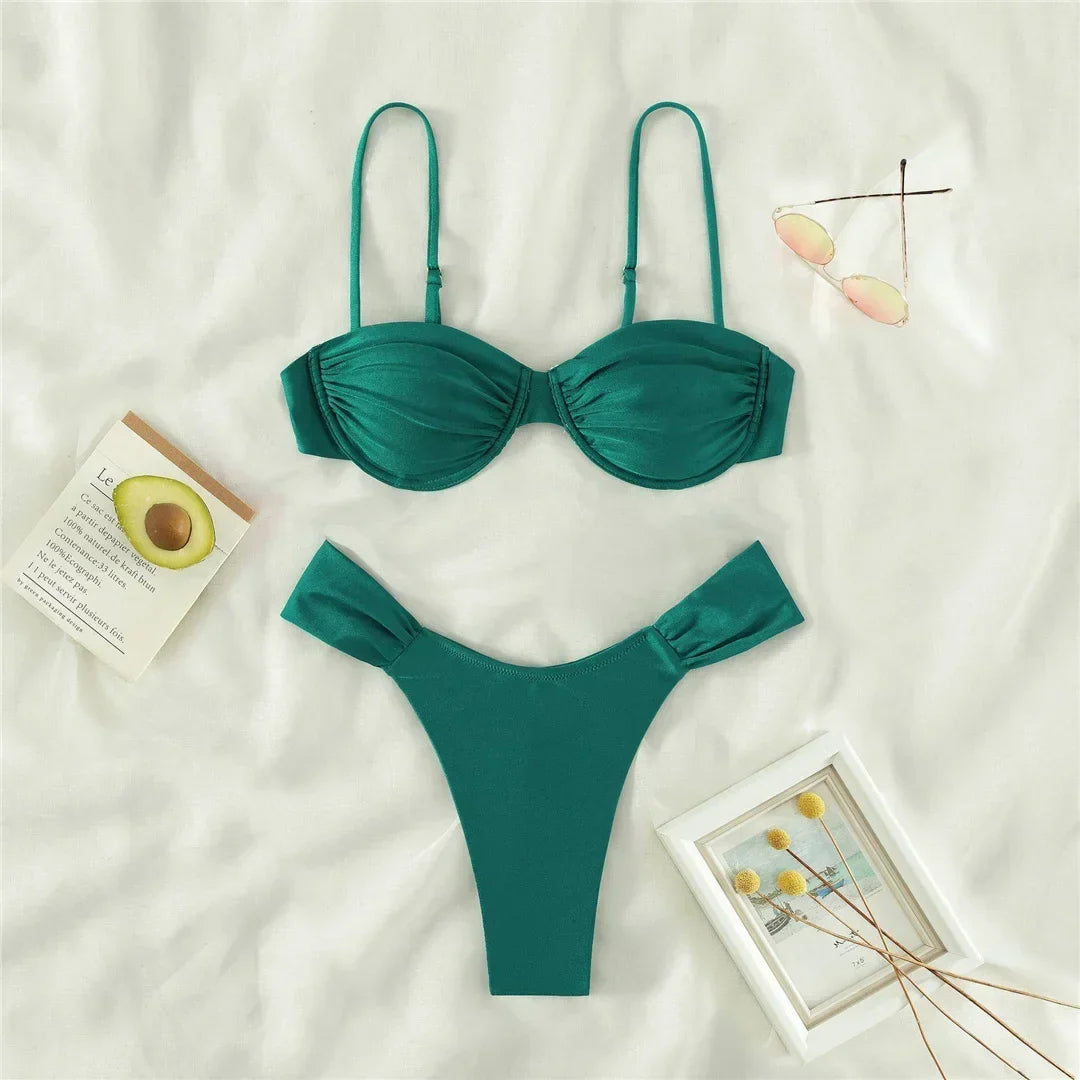 Sexy Wrinkled Underwired Brazilian Bikini Female Swimsuit Women Swimwear Two-pieces Bikini Set Triangle Bathing Suit Swim Lady