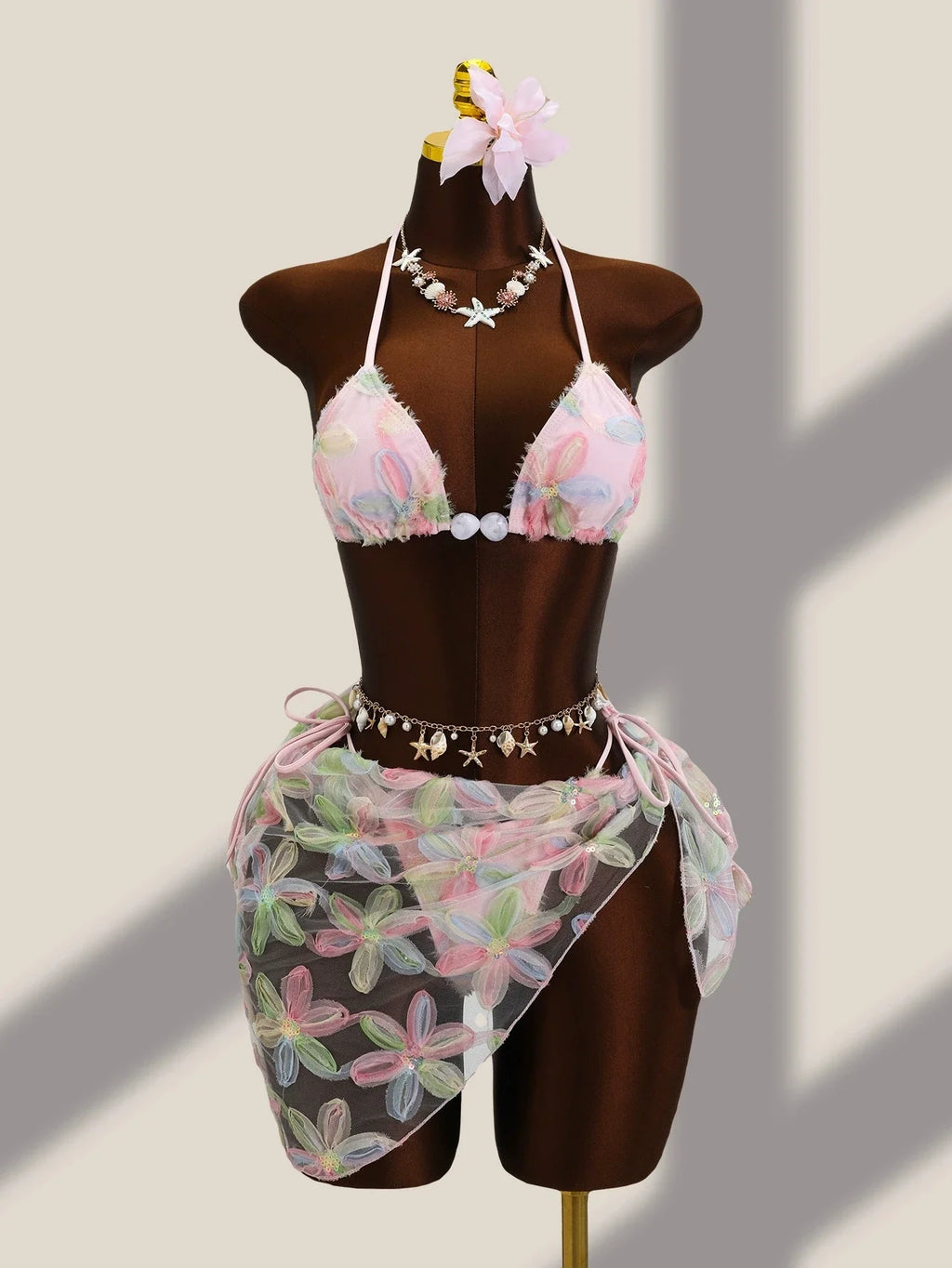 DEKA 3 Piece Brazil Triangle Bikini Set Vintage Pink Floral Embroidery Cover Up Women Halter Push Up Thong Swimsuit Bathing Suit