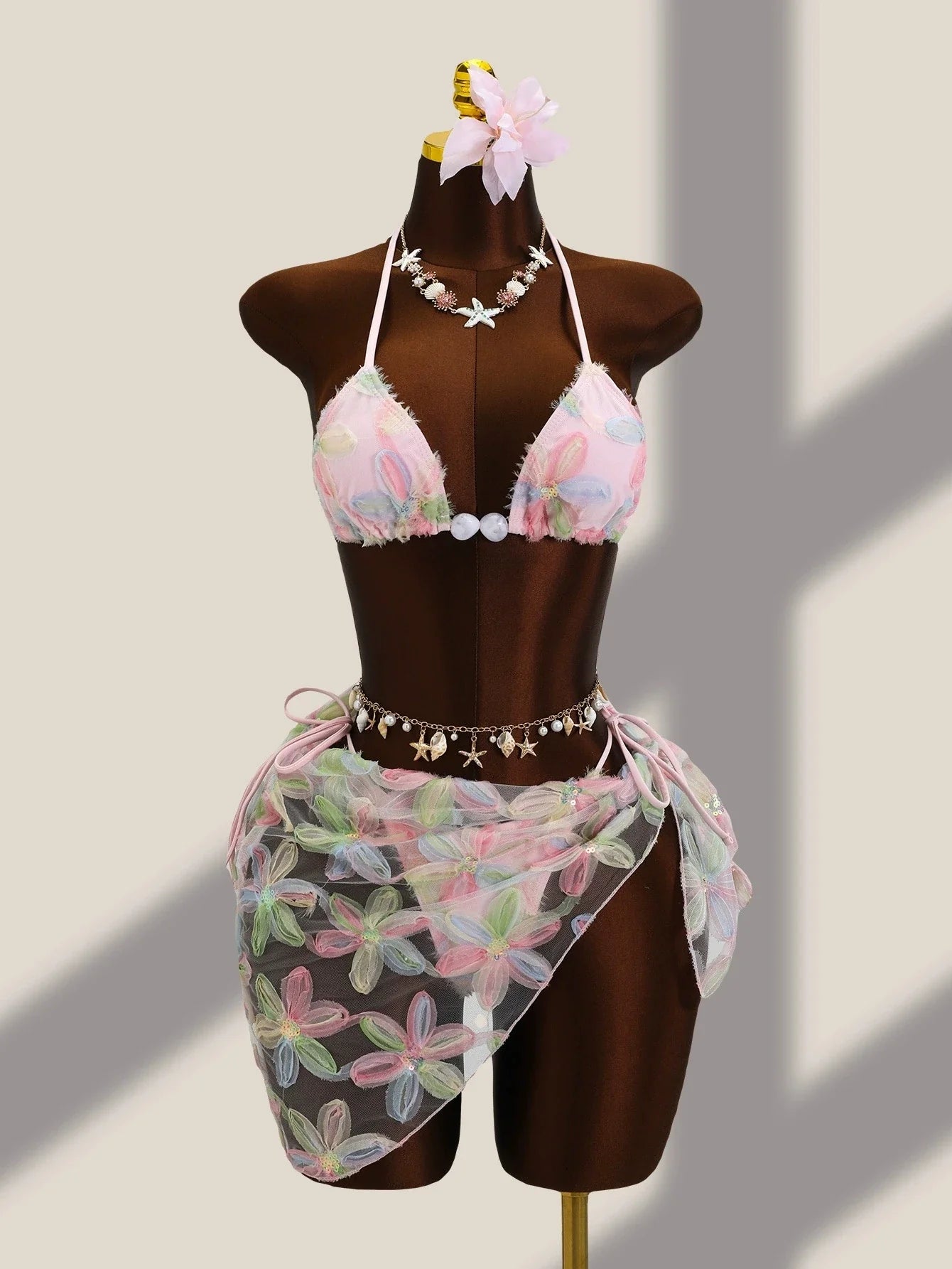 DEKA 3 Piece Brazil Triangle Bikini Set Vintage Pink Floral Embroidery Cover Up Women Halter Push Up Thong Swimsuit Bathing Suit