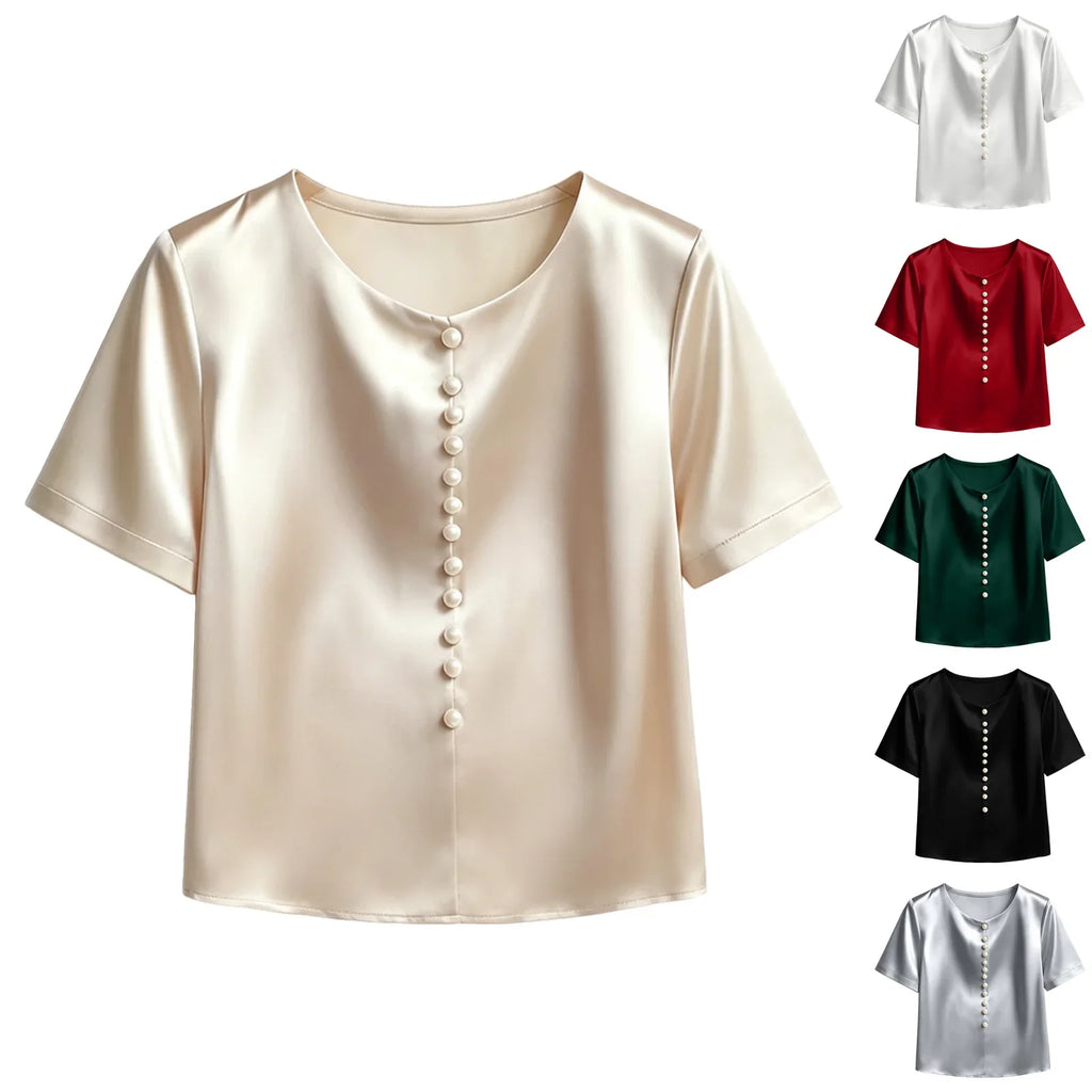 Women's Satin Short Sleeve T Shirt With Pearl Buttons Solid Color V Neck Loose Fit Elegant Office Lady Tees Summer Commuter Top
