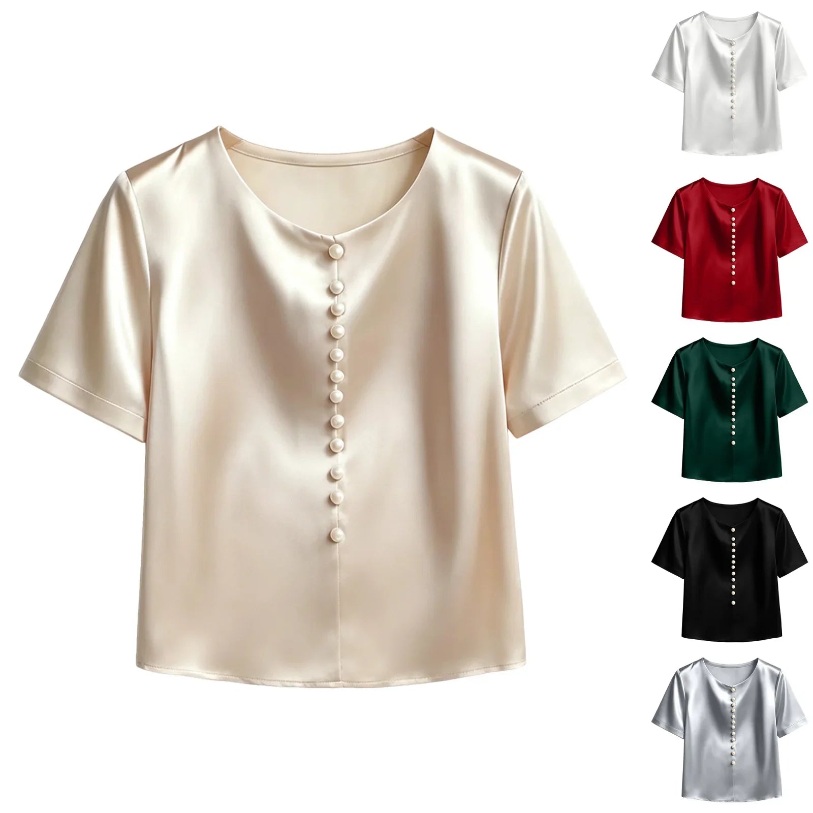 Women's Satin Short Sleeve T Shirt With Pearl Buttons Solid Color V Neck Loose Fit Elegant Office Lady Tees Summer Commuter Top