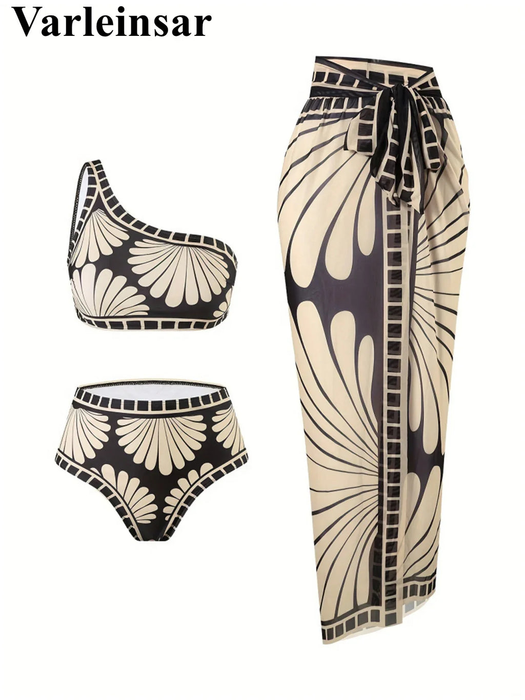 S - XXL Printed Sarong Female Swimsuit High Waist Bikini Women Swimwear Three-pieces Bikini set Bather Bathing Suit Swim V8212