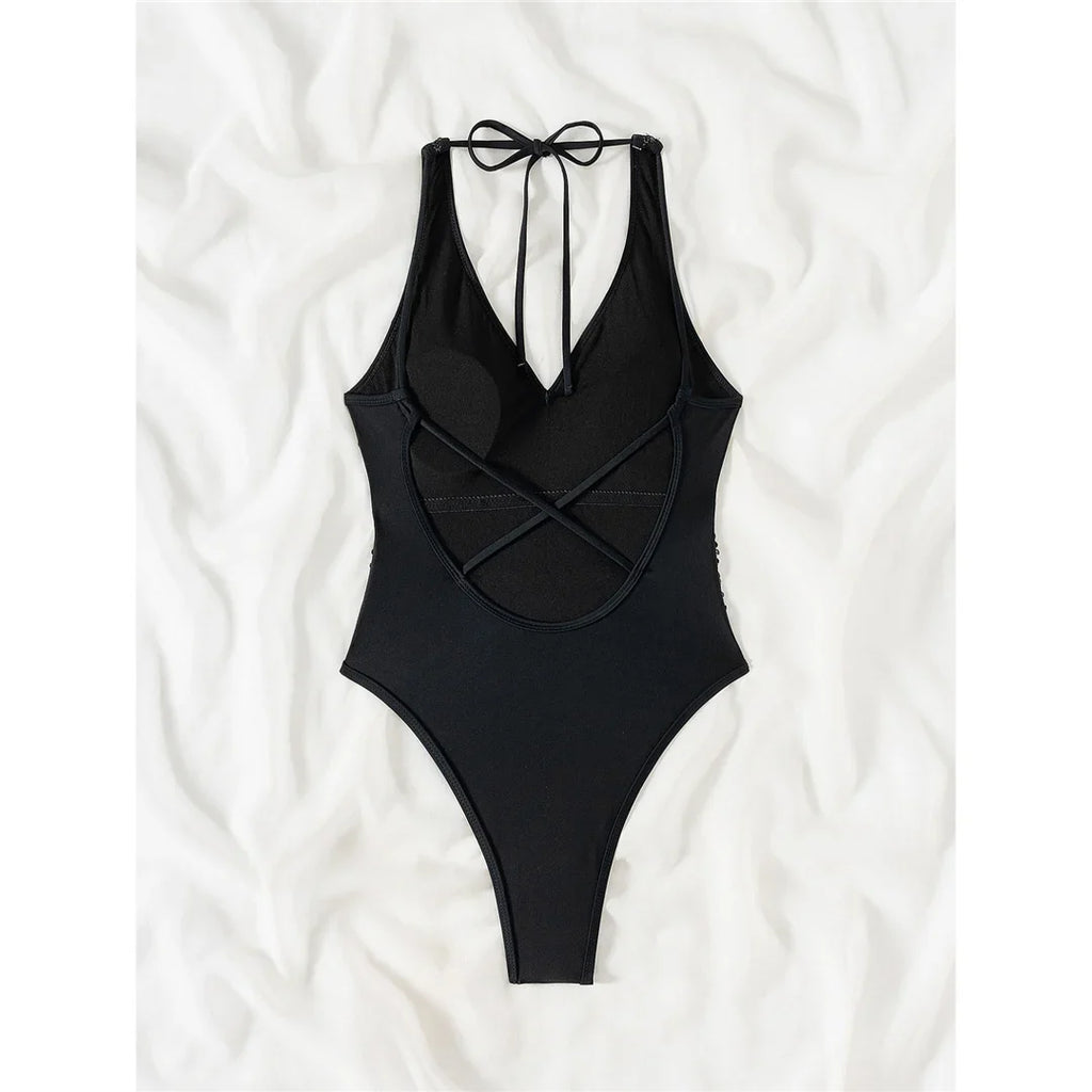 Sexy Sparkling Sequins V Neck Backless Women Swimwear One Piece Swimsuit Female Monokini High Cut Bather Bathing Suit Swim V6425