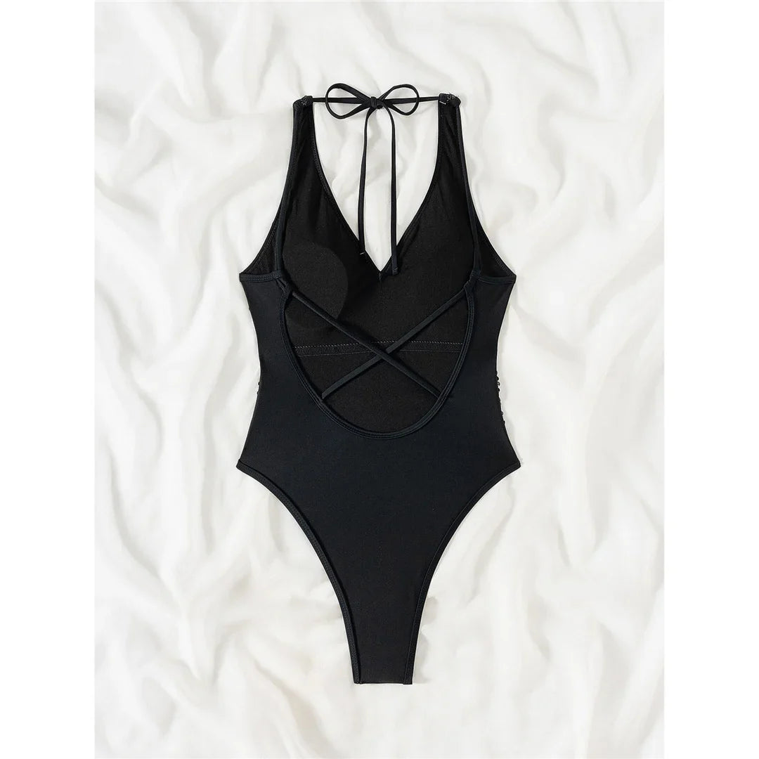 Sexy Sparkling Sequins V Neck Backless Women Swimwear One Piece Swimsuit Female Monokini High Cut Bather Bathing Suit Swim V6425