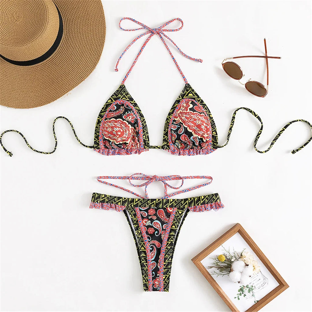 5 Colors Sexy Printed Halter Frilled Bikini Women Swimwear Female Swimsuit Two-Pieces Bikini Set Bather Bathing Suit Swim V4651