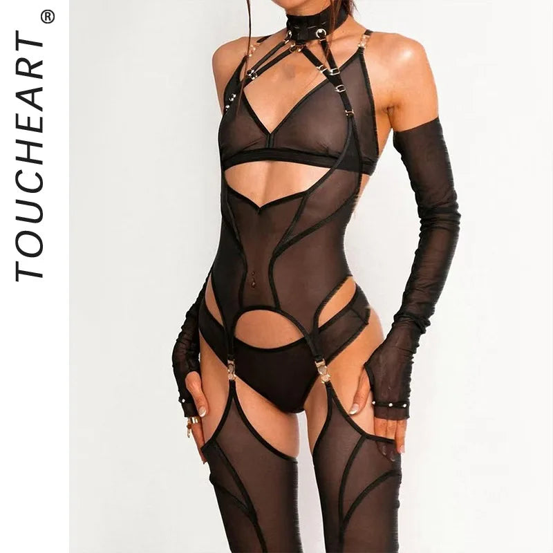 Toucheart Erotic Lingerie Fashionable and Comfortable Mesh See-through Bodyshaping Adjustable Sexy Underwear Split Five-pieceset