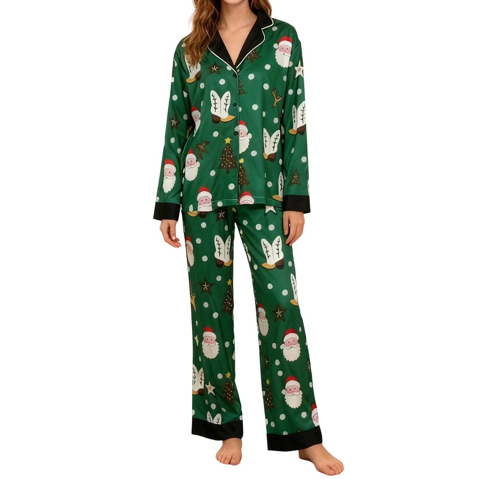 Women's Christmas Pajamas Set Long Sleeve V Neck Stocking Tree Print Tops and Pants Lounge Wear Two Pieces Suits