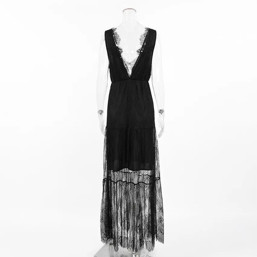 Sexy Deep V-neck Sleeveless Lace Dress Streetwear Women 2026 Backless Tunics A-line Party Dresses Long Maxi Robe Black White
