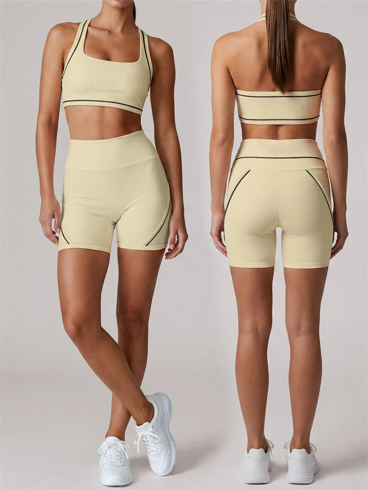 Color Blocking Yoga Sets Women's Tracksuit Hanging Neck Shockproof Sports Vest Hip Lifting Shorts Gym Running Fitness Suits
