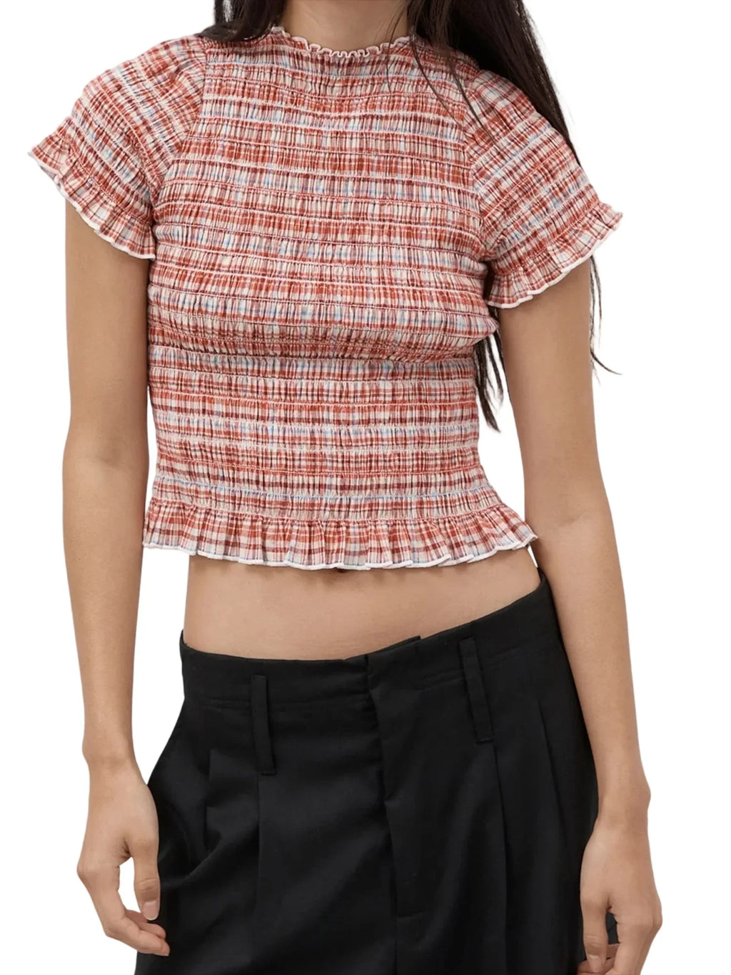 Women Casual Summer Plaid Print Shirred Tops Slim Mock Neck Short Sleeve Crop Ruffle T-shirts Streetwear