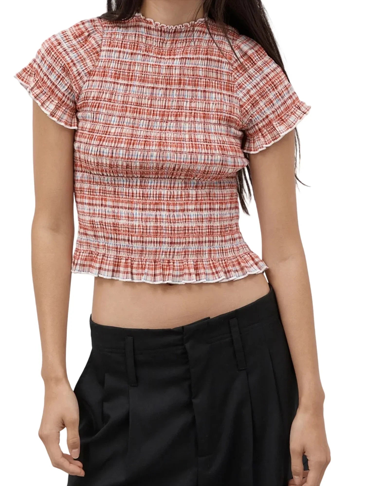 Women Casual Summer Plaid Print Shirred Tops Slim Mock Neck Short Sleeve Crop Ruffle T-shirts Streetwear