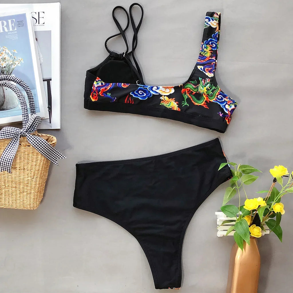 2026 Sexy Bikini Push Up Dragon Print Patchwork High Waist Vintage Swimwear Swimsuit Women Bikinis Set Bathing Suit Beach Bikini