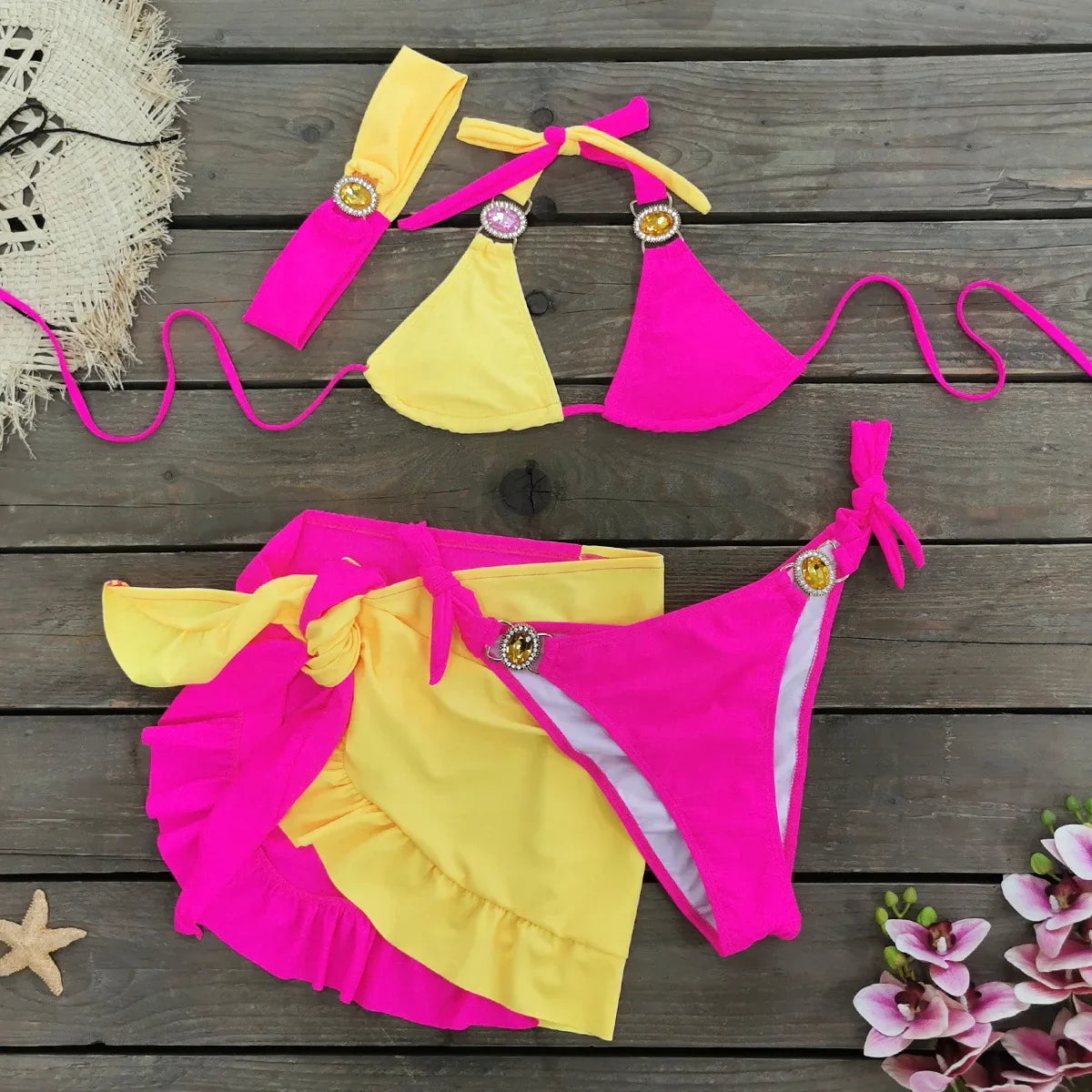 Sexy Skirt 4 Pieces Bikini Set Women Luxury Blue Patchwork Rhinestone Push Up Cover Up Swimsuit 2024 Beach Bathing Suit Swimwear