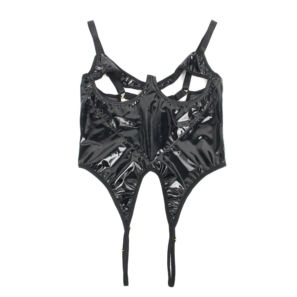 Black PU Leather Mesh Bodysuit for Women Hollow Out Open Crotch Teddy Lingerie Push Up One Piece Jumpsuit Underwear as Outerwear