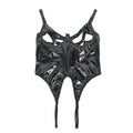 Black PU Leather Mesh Bodysuit for Women Hollow Out Open Crotch Teddy Lingerie Push Up One Piece Jumpsuit Underwear as Outerwear