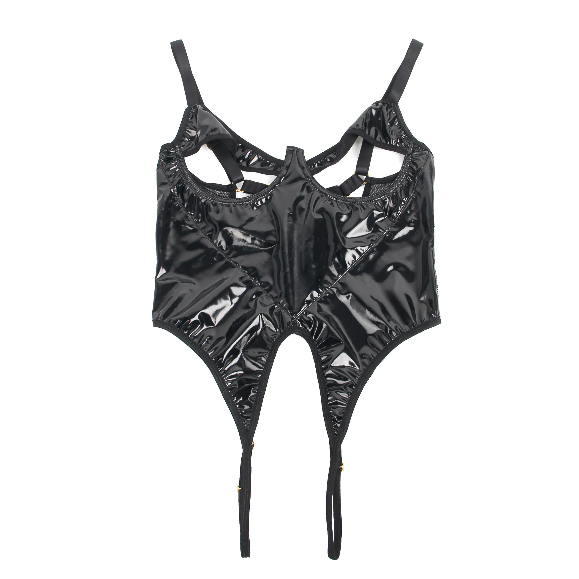Black PU Leather Mesh Bodysuit for Women Hollow Out Open Crotch Teddy Lingerie Push Up One Piece Jumpsuit Underwear as Outerwear