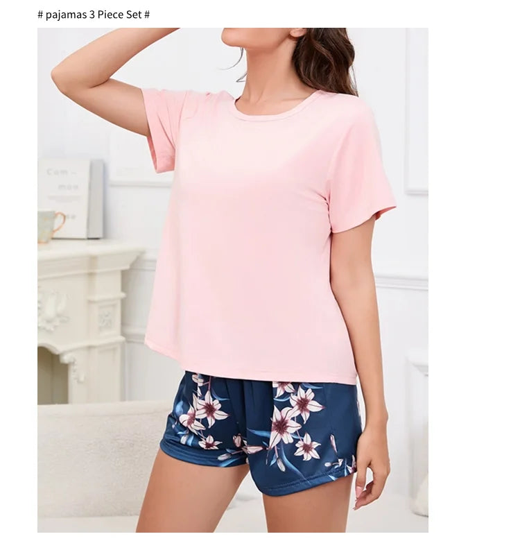 Women's Pajamas 3-Piece Set Sleepwear Home Clothes Autumn Short Sleeve Top with Shorts & Long Pants Loungewear Short Suit Pyjama
