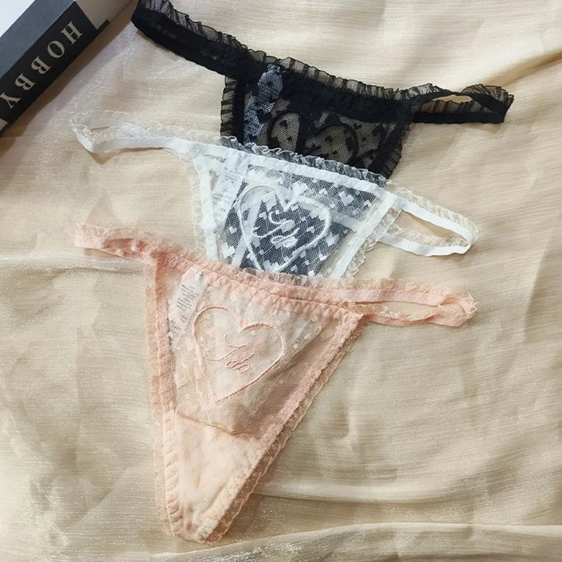 Embroidery Heart Sexy Girls Panties Women Briefs Thong Lace G String Underwear Thin Transparent Low Waist Female Lingerie