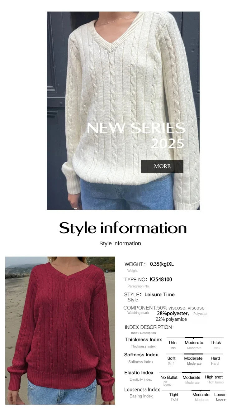 Phantasy Retro Solid Color Sweater Winter Women's V-Neck Casual Simple Loose Knit Sweater Trendy Spring Autumn Winter Sweater