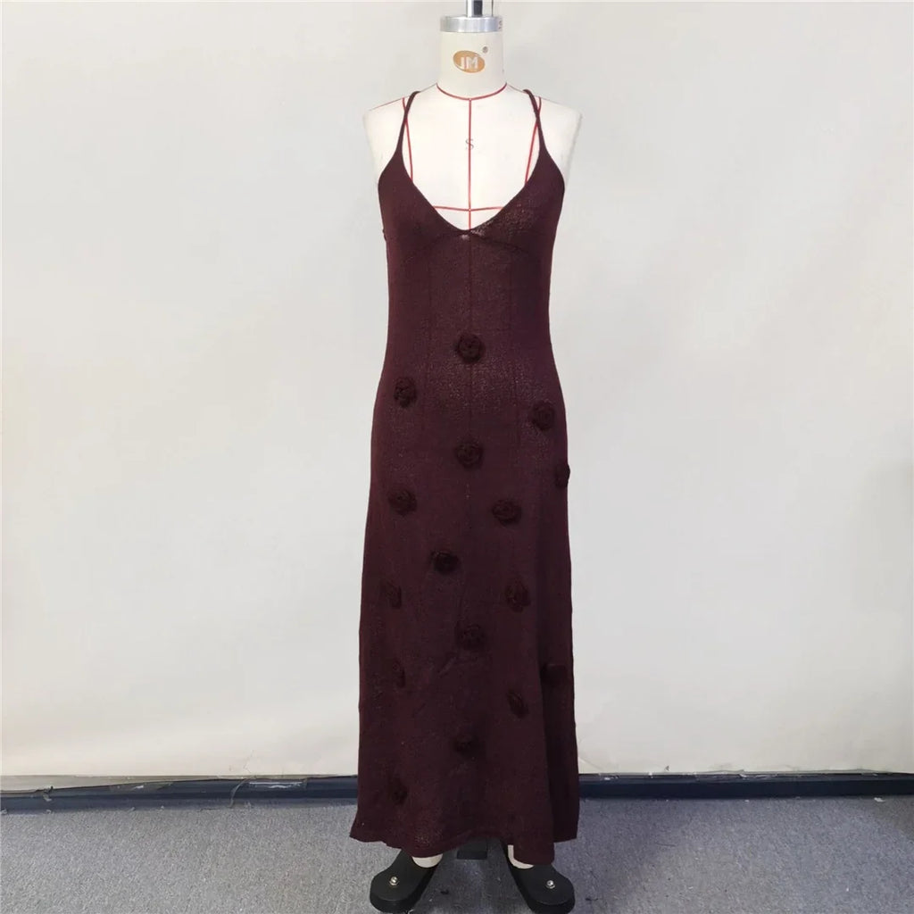Elegant 3d Flower Knitted Dresses For Women V-neck Backless Sleeveless Lace Up Female Maxi Dress Summer Lady Beach Dress V6211