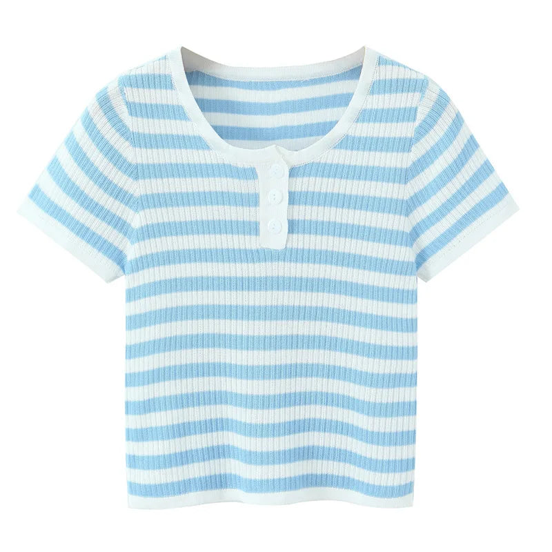 Blue And White Striped Henley Neck Knit Top Casual Short Sleeve Ribbed T Shirt For Women Summer Daily Wear Casual Fashion VGK2
