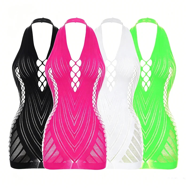 1PC Women Sexy Fishnet Beach Cover Up Sleeveless Hollow Out Bodycon Dress See Through Summer Swimwear