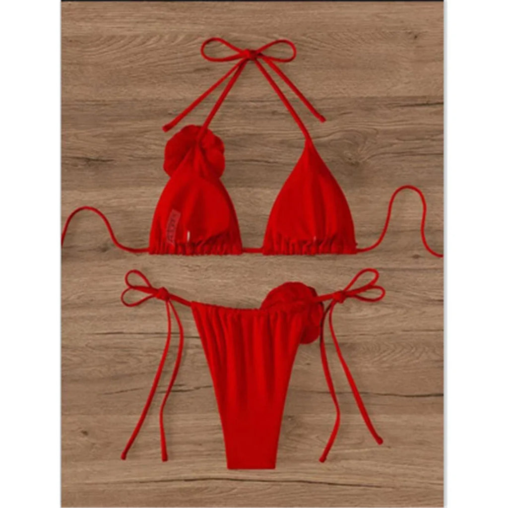 S - XL Sexy 3D Flowers Halter Strappy Bikini Women Swimwear Female Swimsuit Two-Pieces Bikini Set Bather Bathing Suit Swim V5297