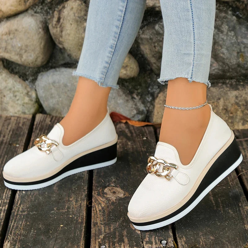 Fashion Metal Chain Wedge Heeled Loafers Women 2026 Slip On Platform Pu Leather Shoes Woman Non Slip Thick Sole Single Shoes