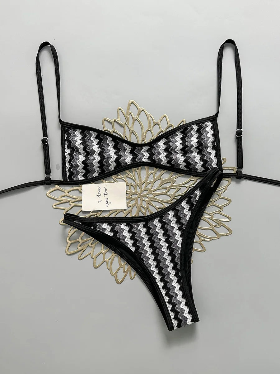Crochet Striped Brazilian Bikini Women Swimsuit Female Swimwear Two-pieces Bikini Set High Leg Cut Bather Bathing Suit Swim Lady