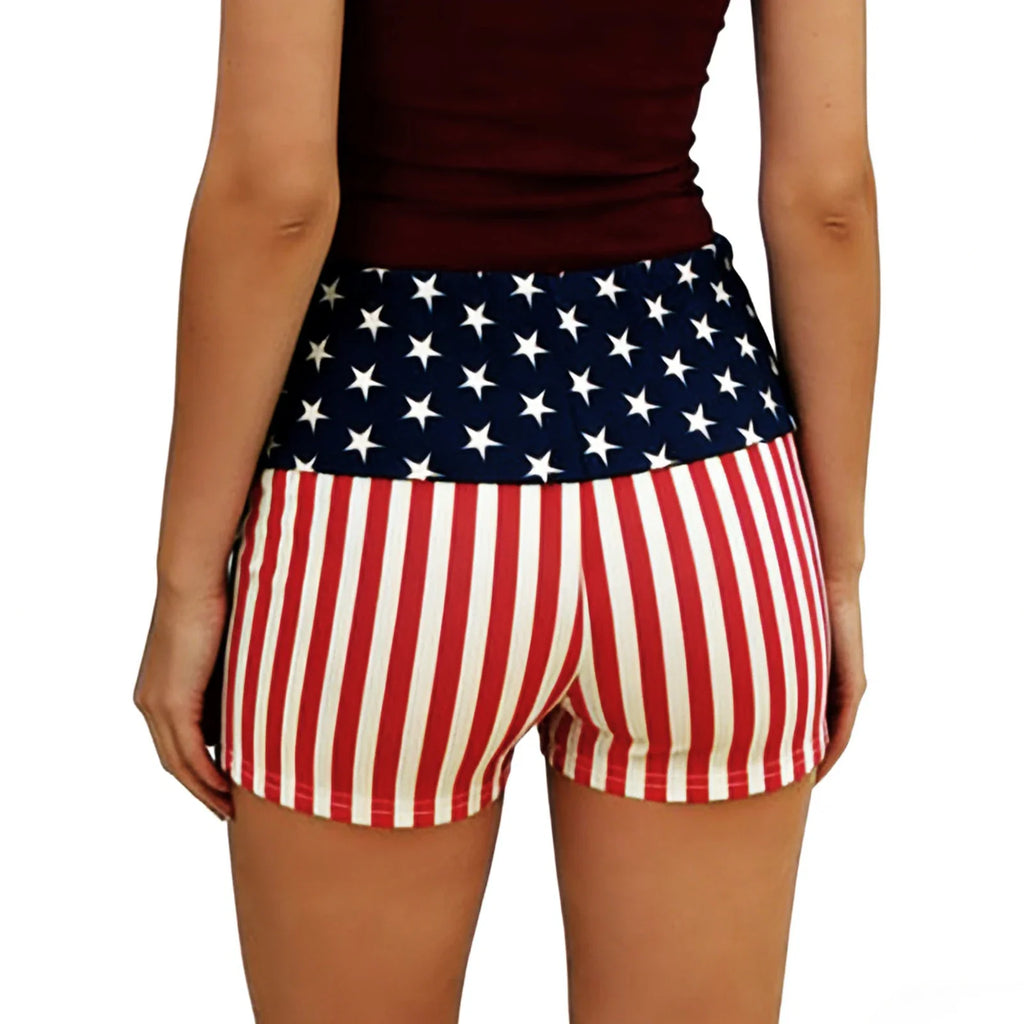 Women’s Streetwear Shorts Patriotic Shorts Casual Fold-Over Waist Stars and Stripes Print Slim Fit Shorts