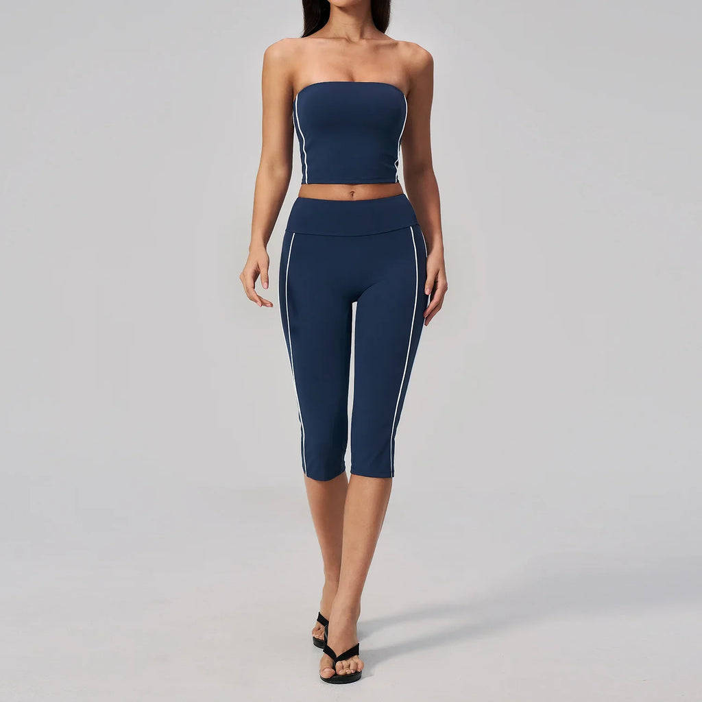 Color Blocked Strapless Yoga Suit 2 Pieces Women Sports Bra High Waist Leggings Fitness Suit Outwear Running Push Up Tracksuit
