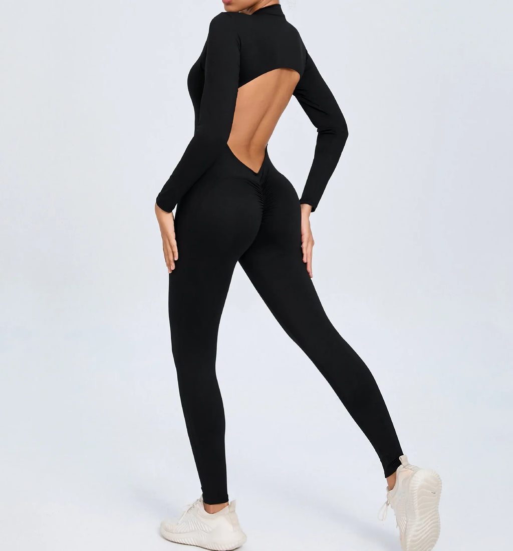 Hearuisavy Summer V Back Sports Jumpsuit Yoga Clothes Rompers Women Long Sleeveles Workout Bodysuits Backless One-piece Suit
