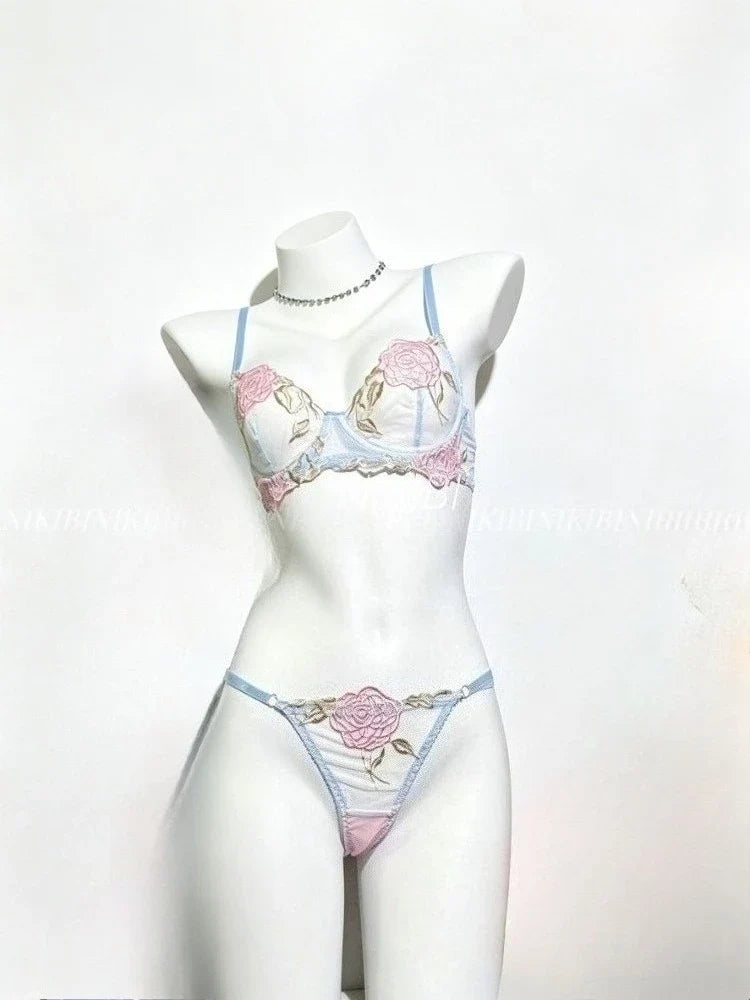 Pure Desire French Lace Bra Set Rose Embroidery Minimizer Wireless Comfort Support Full Bust Anti Sagging Breathable No Show USA