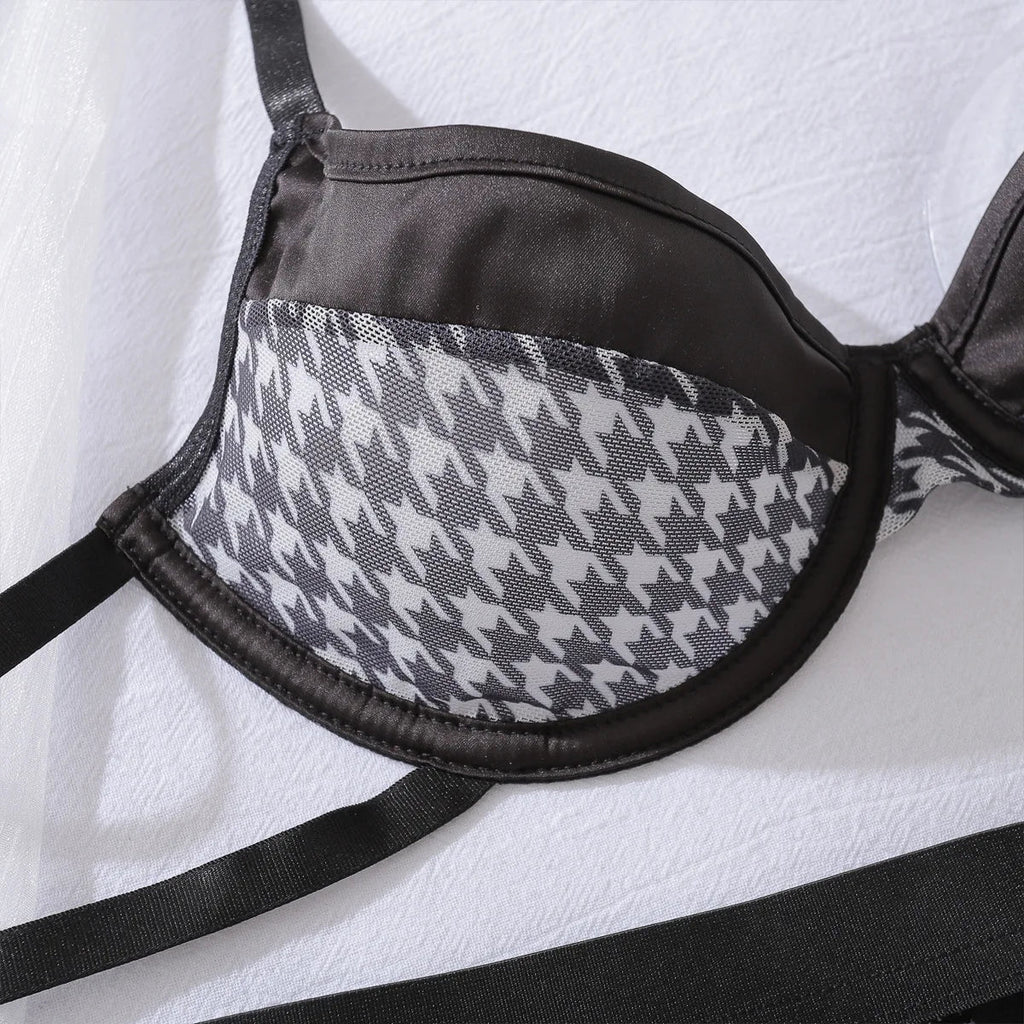 Toucheart Sexy Lingerie Suit for Women Sexy Bra Set Fashion Plaid Patchwork Sexy Lingerie Four-piece Set Women's Underwear Set