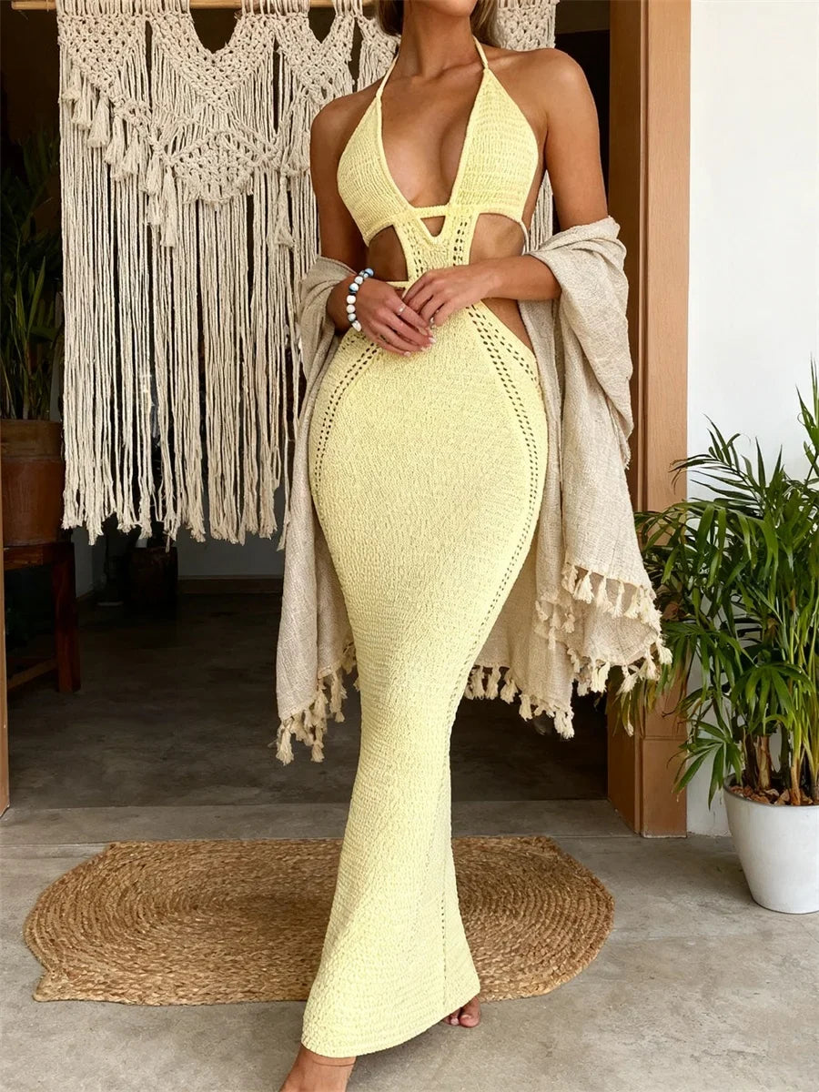 Women Sexy Club Beach Dresses Backless Knitted Dress Sleeveless Halter Hollow Out Bodycon Long Dress Summer